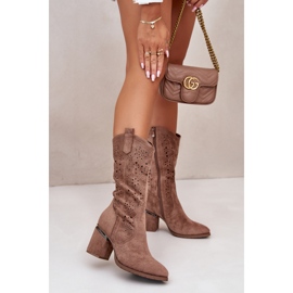 Women's Openwork Cowboy Boots On The Heel Of The Block Eco Suede Brown S.Barski HY42-028 2