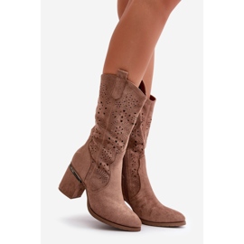 Women's Openwork Cowboy Boots On The Heel Of The Block Eco Suede Brown S.Barski HY42-028 1
