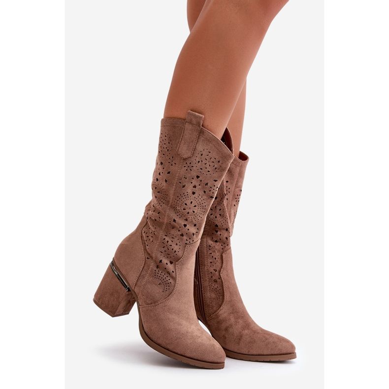 Women's Openwork Cowboy Boots On The Heel Of The Block Eco Suede Brown S.Barski HY42-028 1