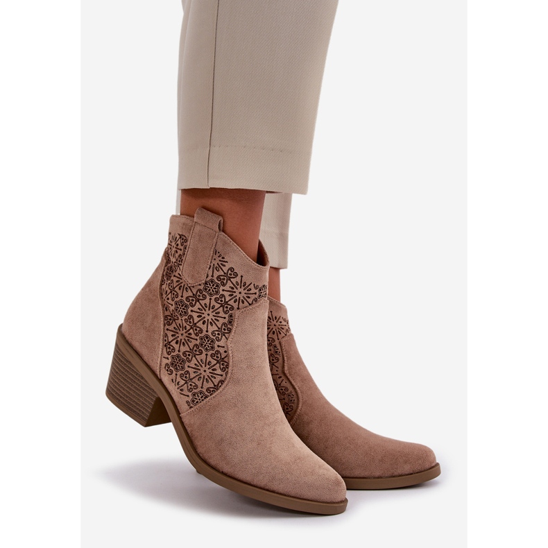 Openwork Ankle Boots Cowboy Boots With Zipper Eco Suede Beige S.Barski HY42-944 1
