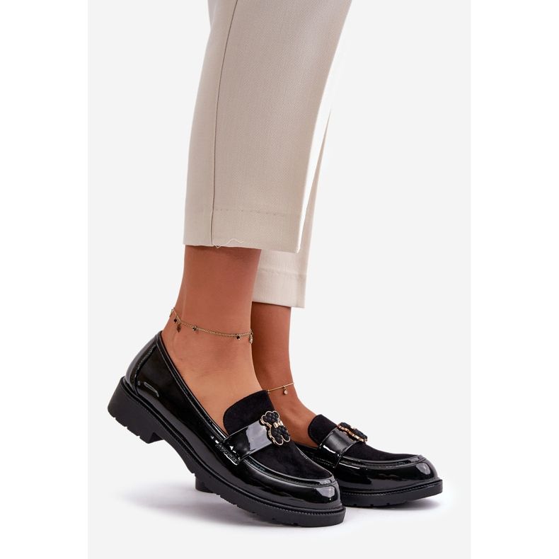 Women's Patent Leather Moccasins With Teddy Bear Black S.Barski HY42-339A 1