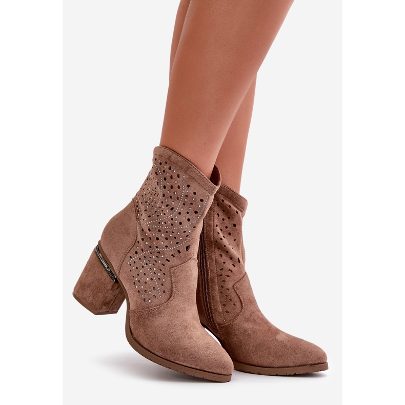 Decorated Openwork Women's Ankle Boots on a Heel Made of Eco Suede Brown S.Barski HY42-029 1 Decorated Openwork Women's Ankle Boots on a Heel Made of Eco Suede Brown S.Barski HY42-029 1