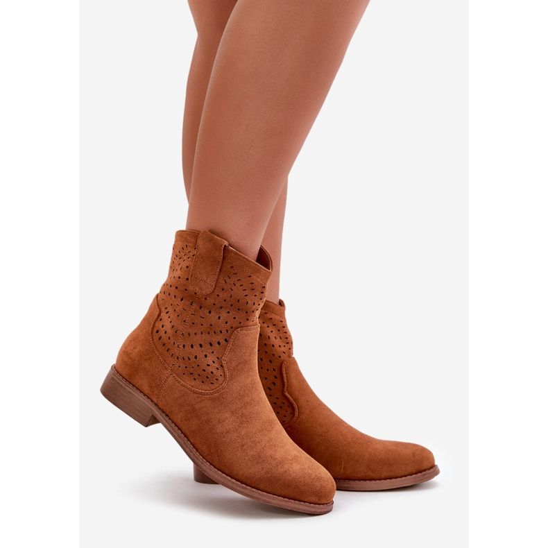 Women's Openwork Ankle Boots With Flat Heel Camel S.Barski HY42-135 brown 1