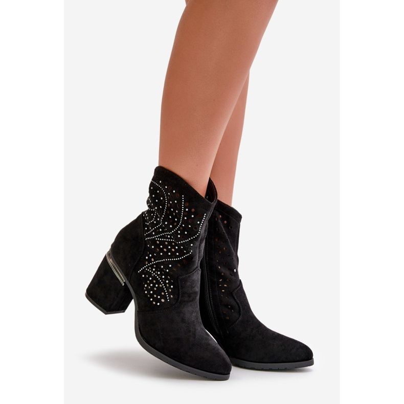 Decorated Openwork Women's Ankle Boots on a Heel Made of Eco Suede Black S.Barski HY42-029 1