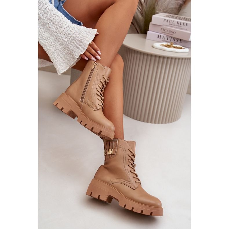 Women's Worker Ankle Boots With Zipper Lace-up Made Of Eco Leather Beige Naolani 2