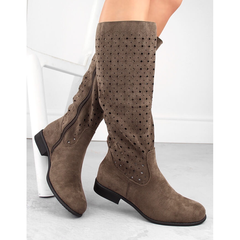 Women's suede boots openwork brown Jezzi ASA142-50A 1