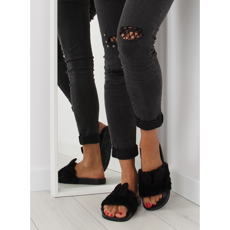 Black black slippers with fur and ears 2