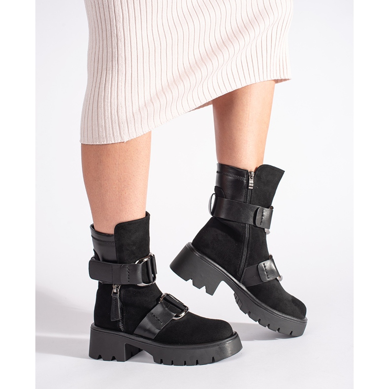 Goodin Black suede women's ankle boots with buckles 1