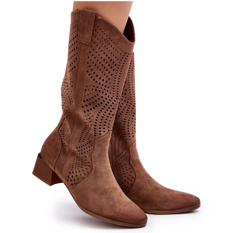 Vinceza Openwork Low Heel Boots Brown Walea 4
