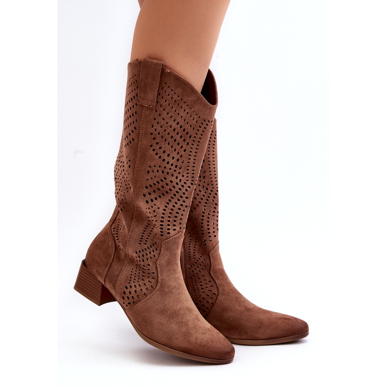 Vinceza Openwork Low Heel Boots Brown Walea 1