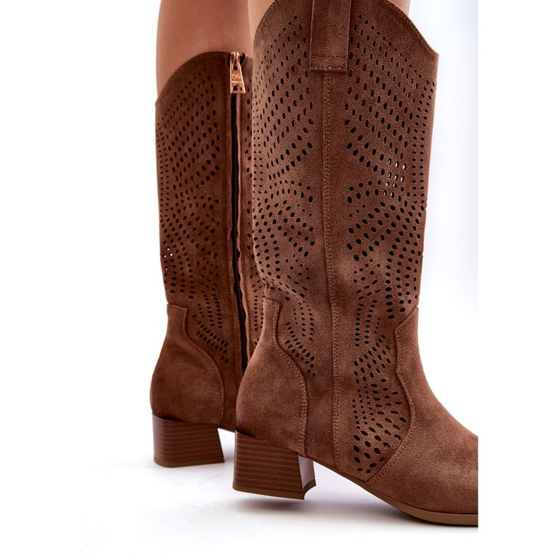 Vinceza Openwork Low Heel Boots Brown Walea 3
