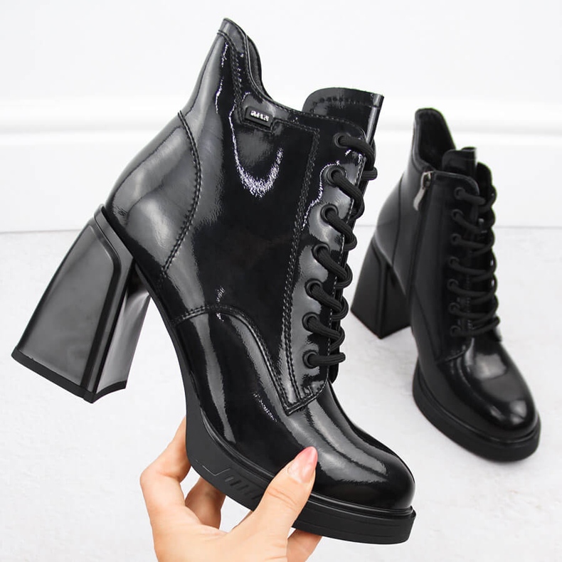Women's patent leather ankle boots on a block heel, slightly insulated, black Vinceza 91109 1