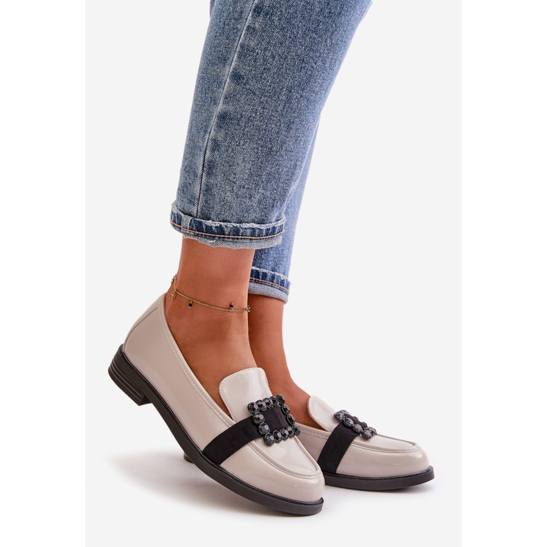 Patent Leather Women's Moccasins With Decoration Light Gray Vinceza 58389 grey 1 Patent Leather Women's Moccasins With Decoration Light Gray Vinceza 58389 grey 1