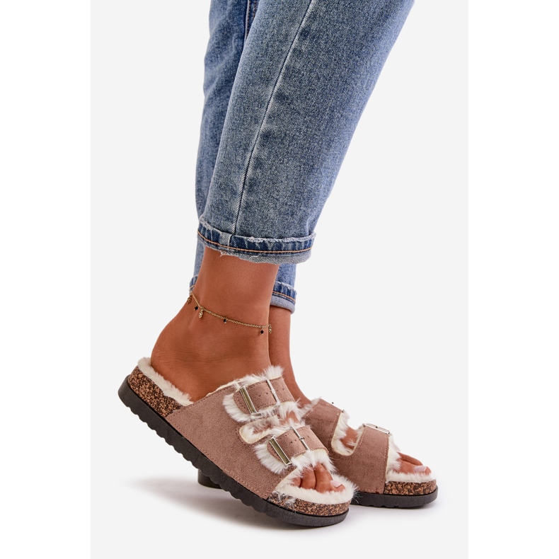 Women's Slippers Flip-Flops With Buckles And Fur Beige Ezilena 1 Women's Slippers Flip-Flops With Buckles And Fur Beige Ezilena 1