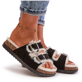 Women's Slippers Flip-Flops With Buckles And Fur Black Ezilena 9