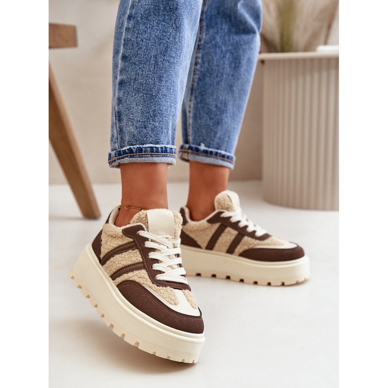 Daivlene Brown Women's Insulated Sneakers On A Platform With Sheepskin 2