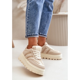 Daivlene Women's Insulated Sneakers On A Platform With Sheepskin Beige 2