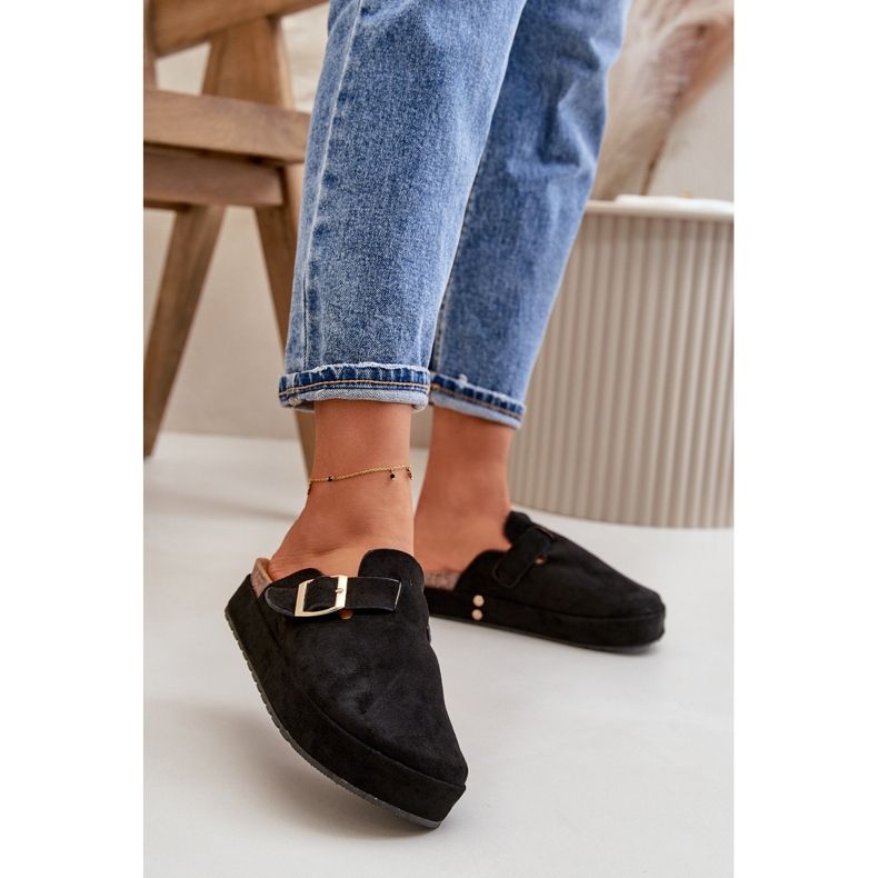 Women's Flip-Flops Clogs On Platform With Gold Buckle Black Terilaina 2