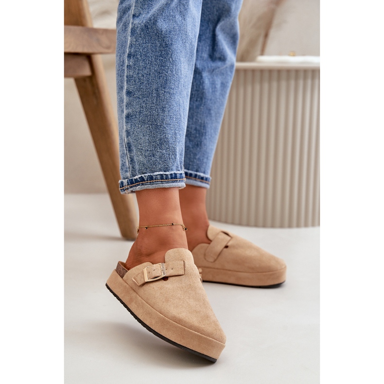 Women's Flip-Flops Clogs On Platform With Gold Buckle Dark Beige Terilaina 2