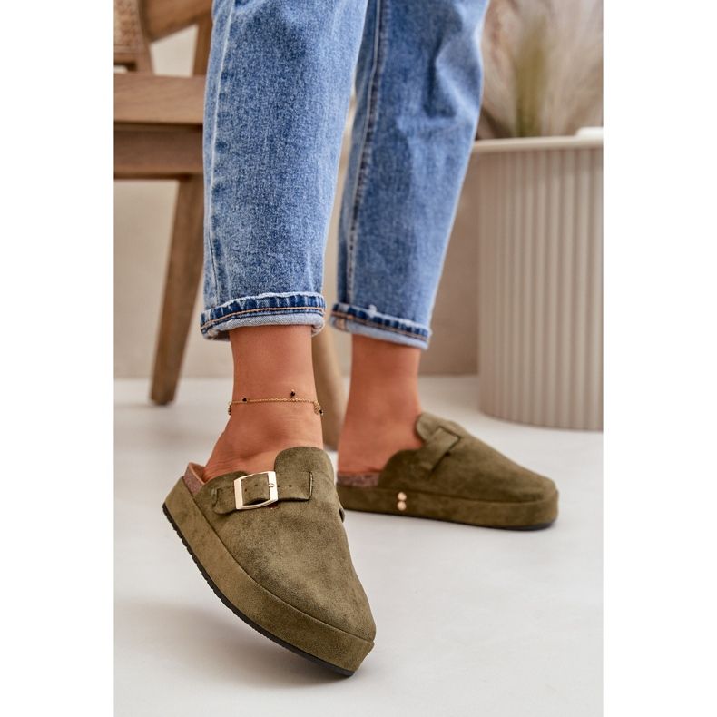 Women's Flip-Flops Clogs On Platform With Gold Buckle Dark Green Terilaina 2