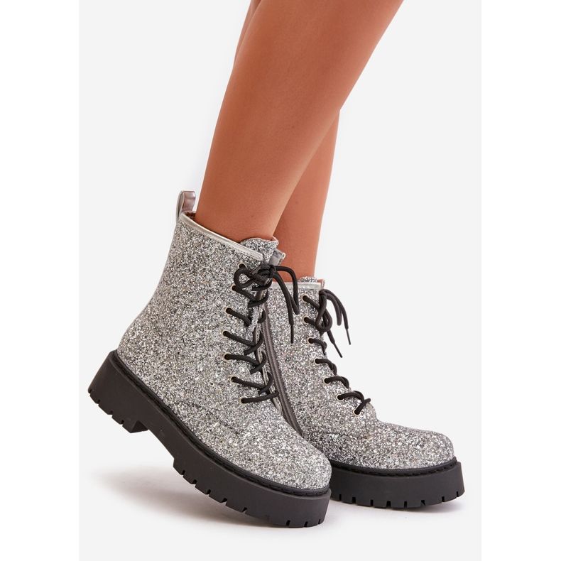 Insulated Worker Ankle Boots for Women Decorated with Sequins Silver Liatheine 1