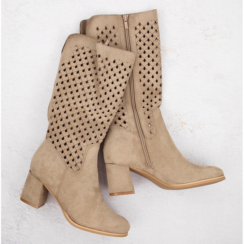 M. DASZYŃSKI Women's suede boots openwork beige M.Daszyński SA156-10B 1