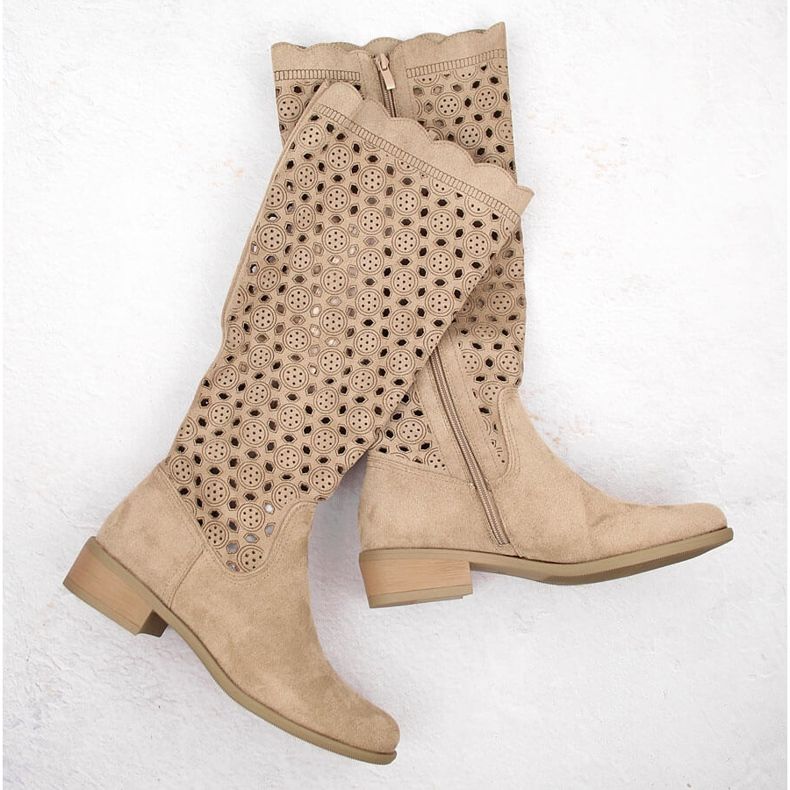 M. DASZYŃSKI Women's suede boots openwork beige M.Daszyński SA198-33 1