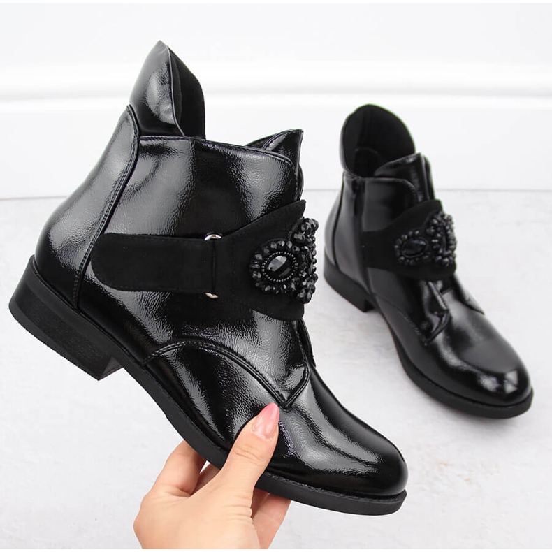 Women's patent leather ankle boots with decorative stones, black, S.Barski HY42-021 1