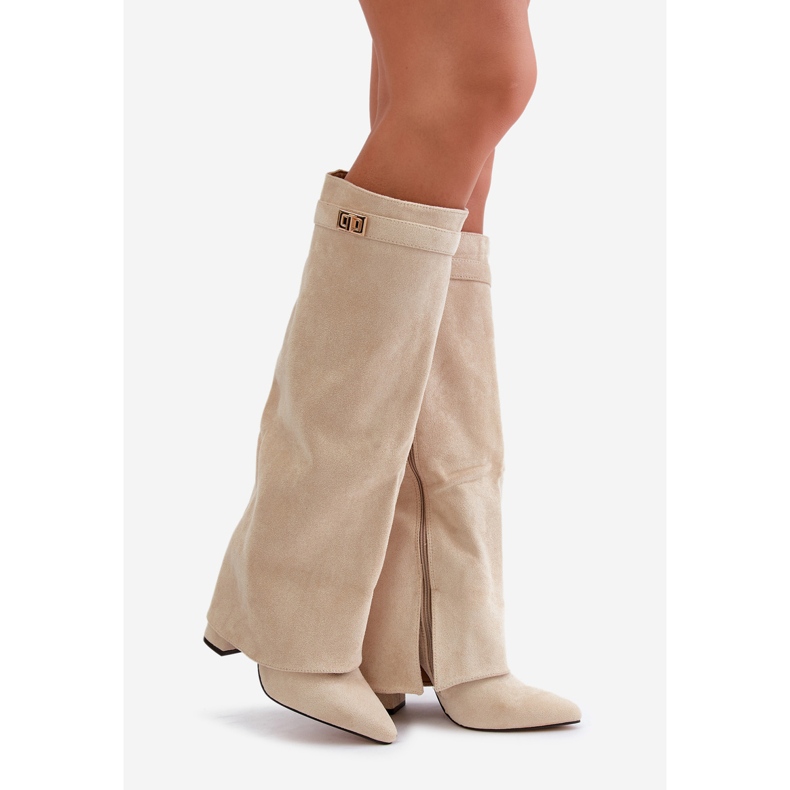 Women's Eco Suede Boots With Rolled Upper On A Heel Beige Bralise 1