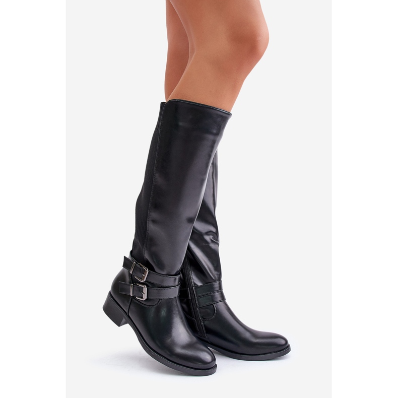 Women's Boots Above The Knee On A Flat Heel With Buckles Black Lotina 1