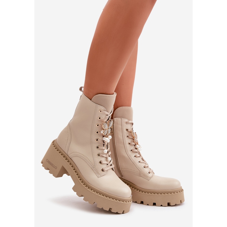 Leather Worker Ankle Boots for Women with Butterfly Beige CheBello 4590 1