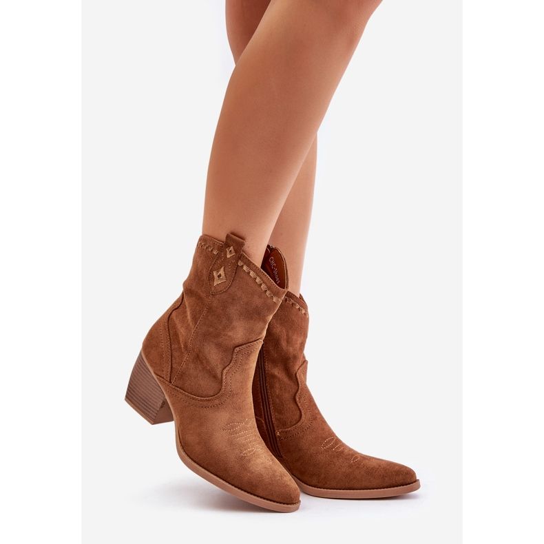 Ankle boots cowboy boots with a block heel made of eco suede camel narinae brown 1