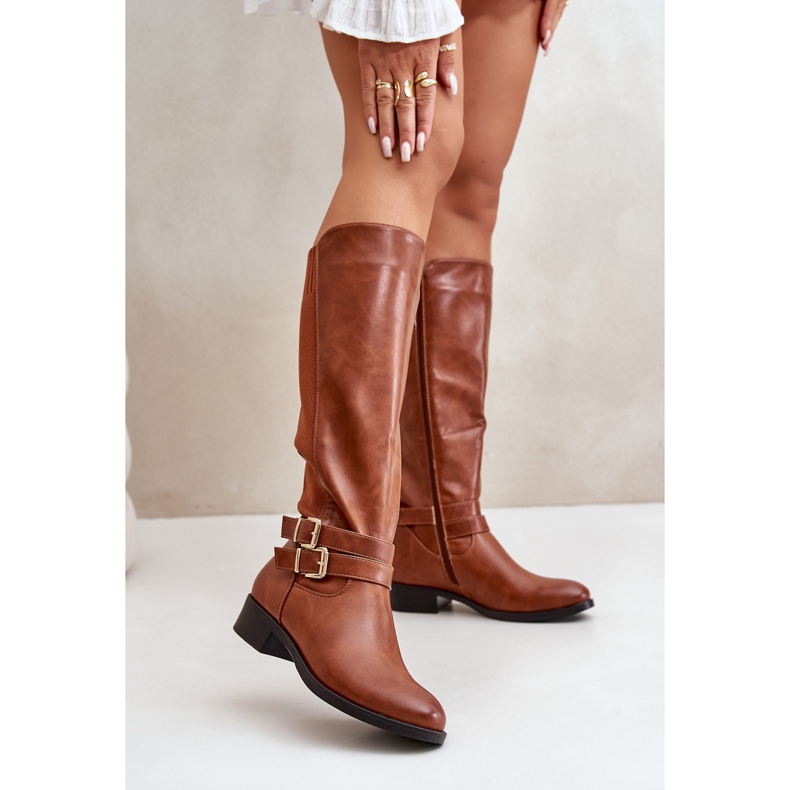Women's Boots Above The Knee On A Flat Heel With Buckles Camel Lotina brown 2