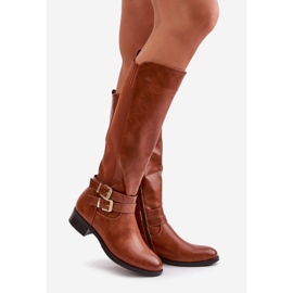 Women's Boots Above The Knee On A Flat Heel With Buckles Camel Lotina brown 1