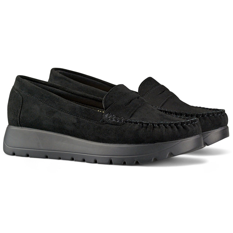 Comfortable black women's moccasins with a thick sole and leather insole 1