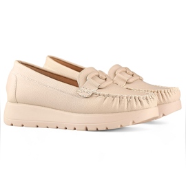 Beige women's moccasins made of eco-leather on a platform, leather insole 1
