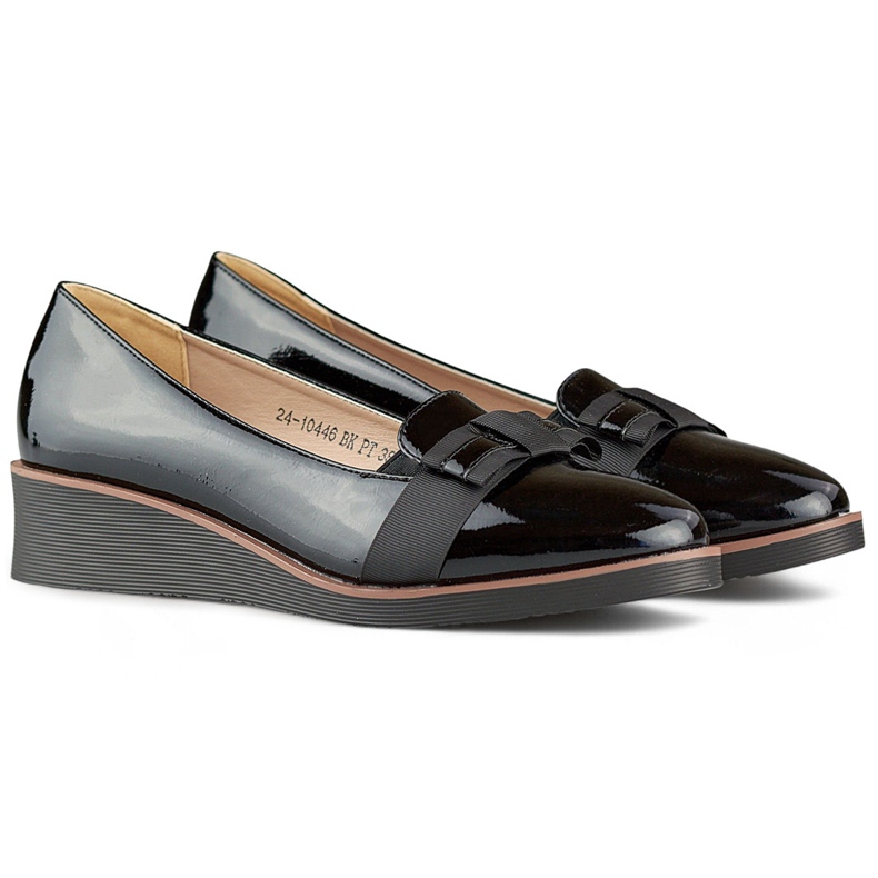 Black patent leather women's shoes with a low wedge 1