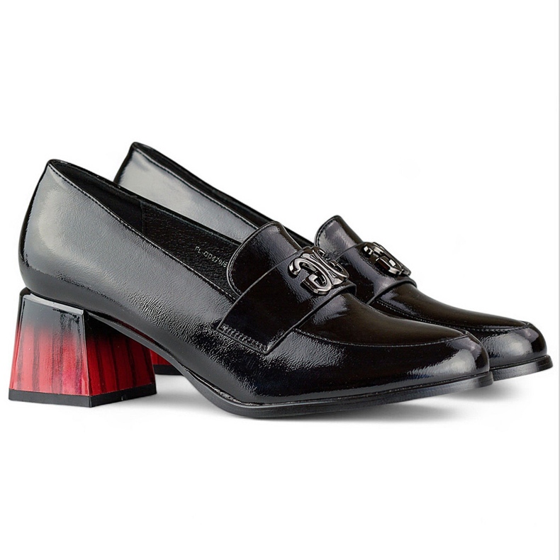 Black patent leather women's pumps with a block heel, women's half-shoes 1