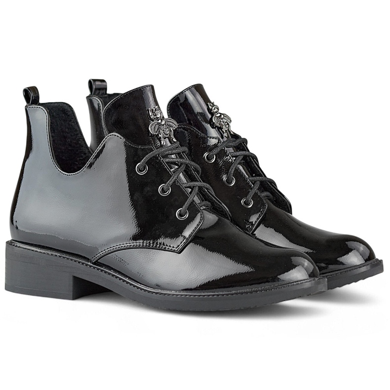 Patent leather lace-up black ankle boots with flat sole 1