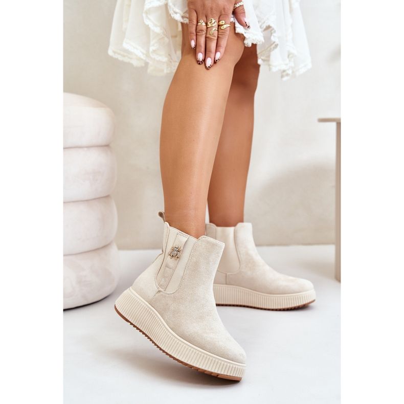 Women's Slip-On Platform Ankle Boots With Pin Eco Suede Light Beige Ciatheia 2