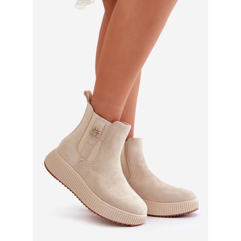 Women's Slip-On Platform Ankle Boots With Pin Eco Suede Light Beige Ciatheia 1