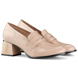 Patent leather beige low shoes with comfortable low heels elegant beige pumps 1
