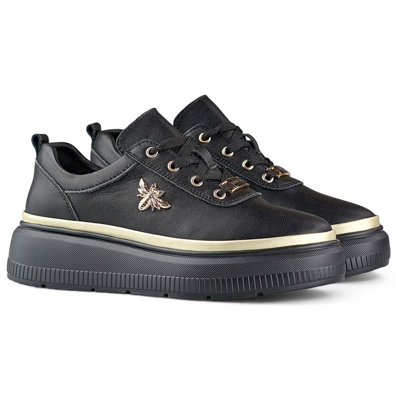 Leather black sneakers for women with gold accessories 1