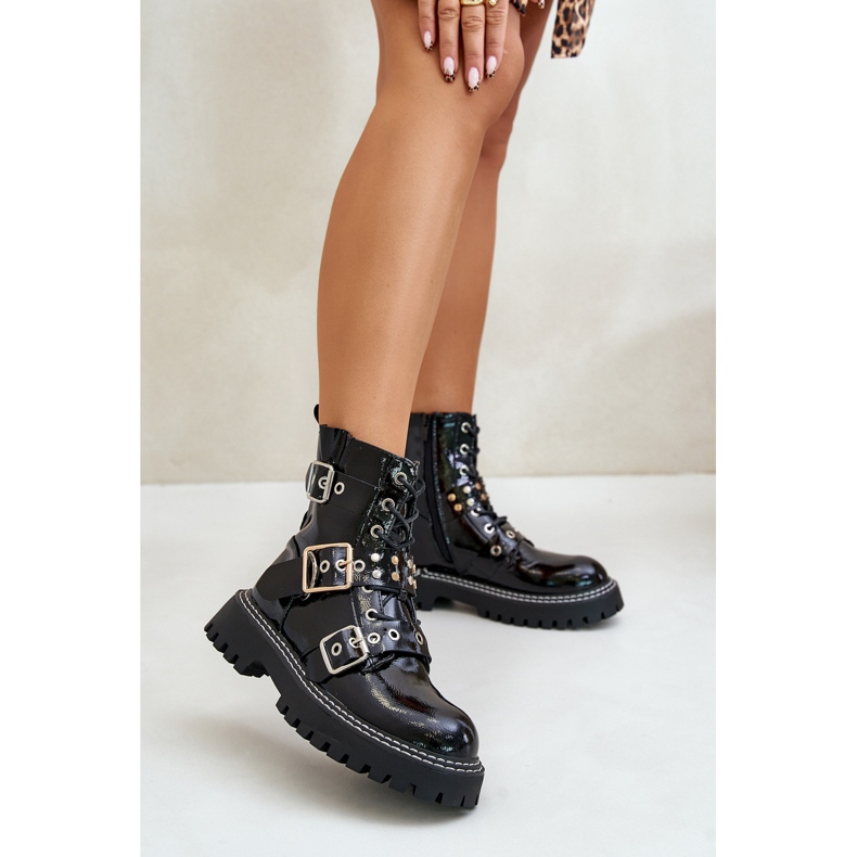 Patent Leather Worker Ankle Boots With Buckles Black Serizia 2