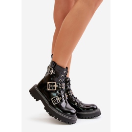 Patent Leather Worker Ankle Boots With Buckles Black Serizia 1