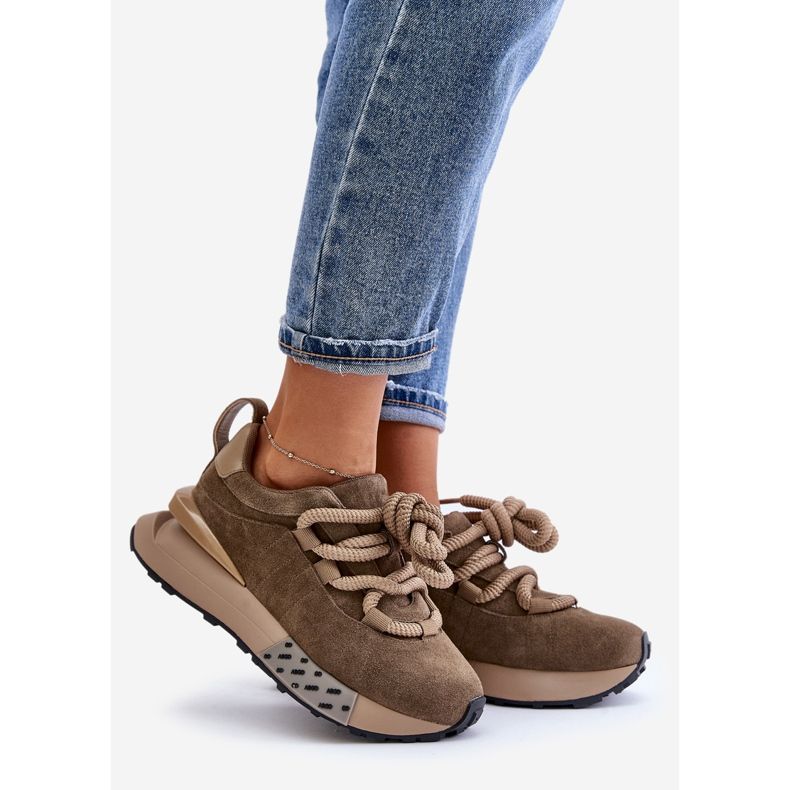 Women's Suede Sneakers On A Platform With Thick Lacing Artiker 54C1466 Light Brown 1