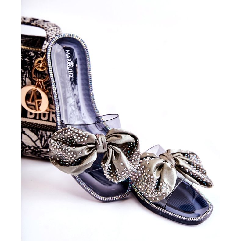 Women's rubber flip flops with a bow and black-gray zircons grey 1