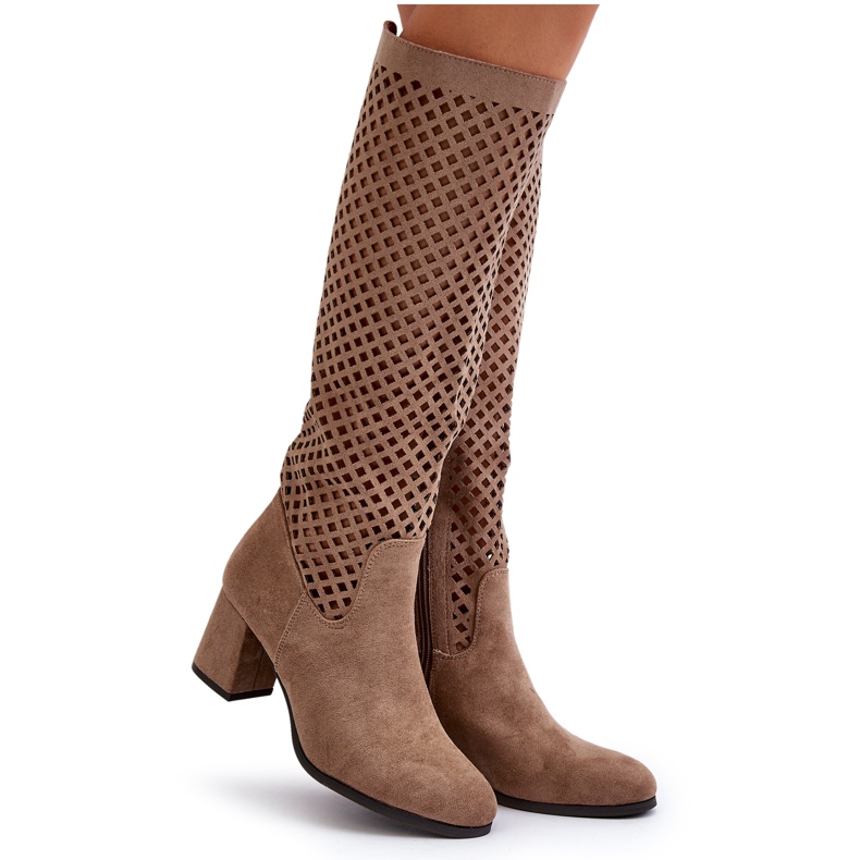 Beige Suede Openwork High Heel Boots Jolenna 5