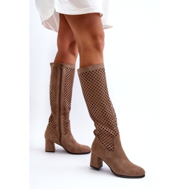 Beige Suede Openwork High Heel Boots Jolenna 2