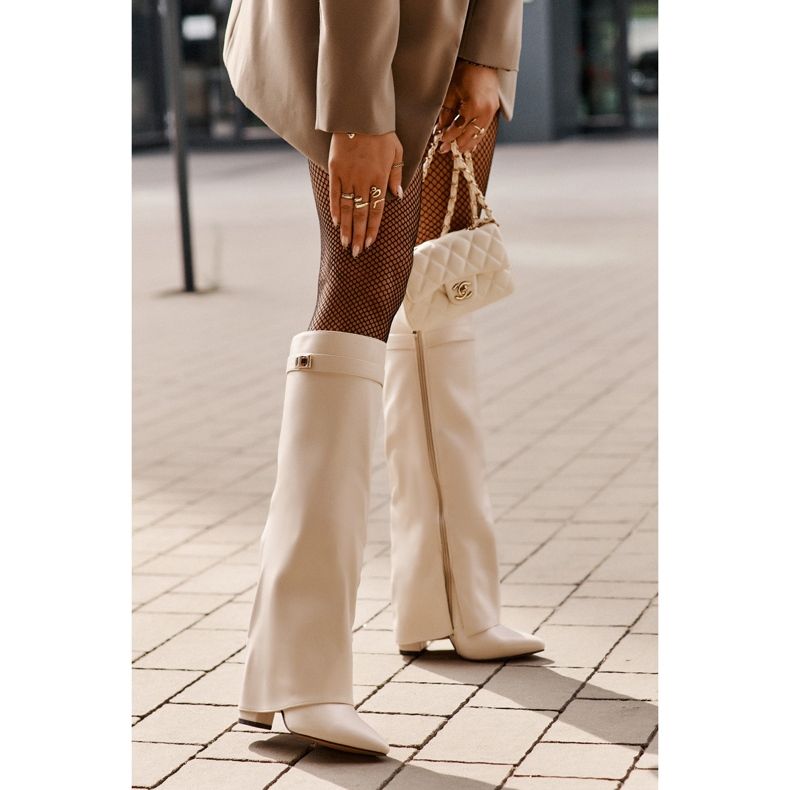 Women's Eco Leather Boots With Rolled Upper On A Heel Light Beige Avamora 2